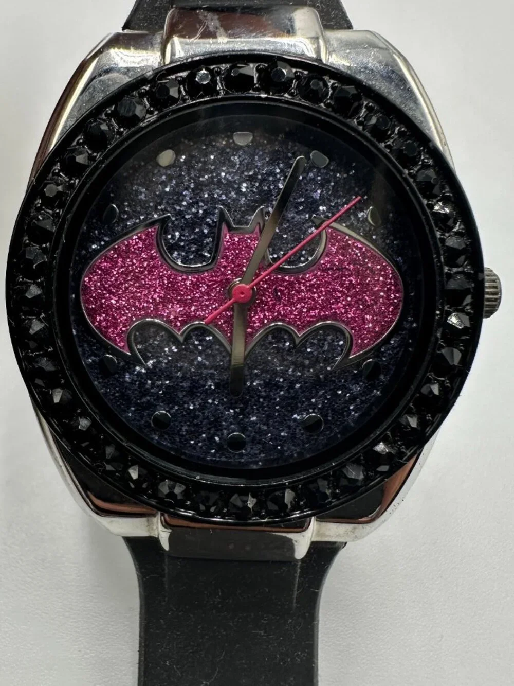 3/$30 Batgirl Pink Emblem Watch Women Silver Tone Black Rhinestone Bezel